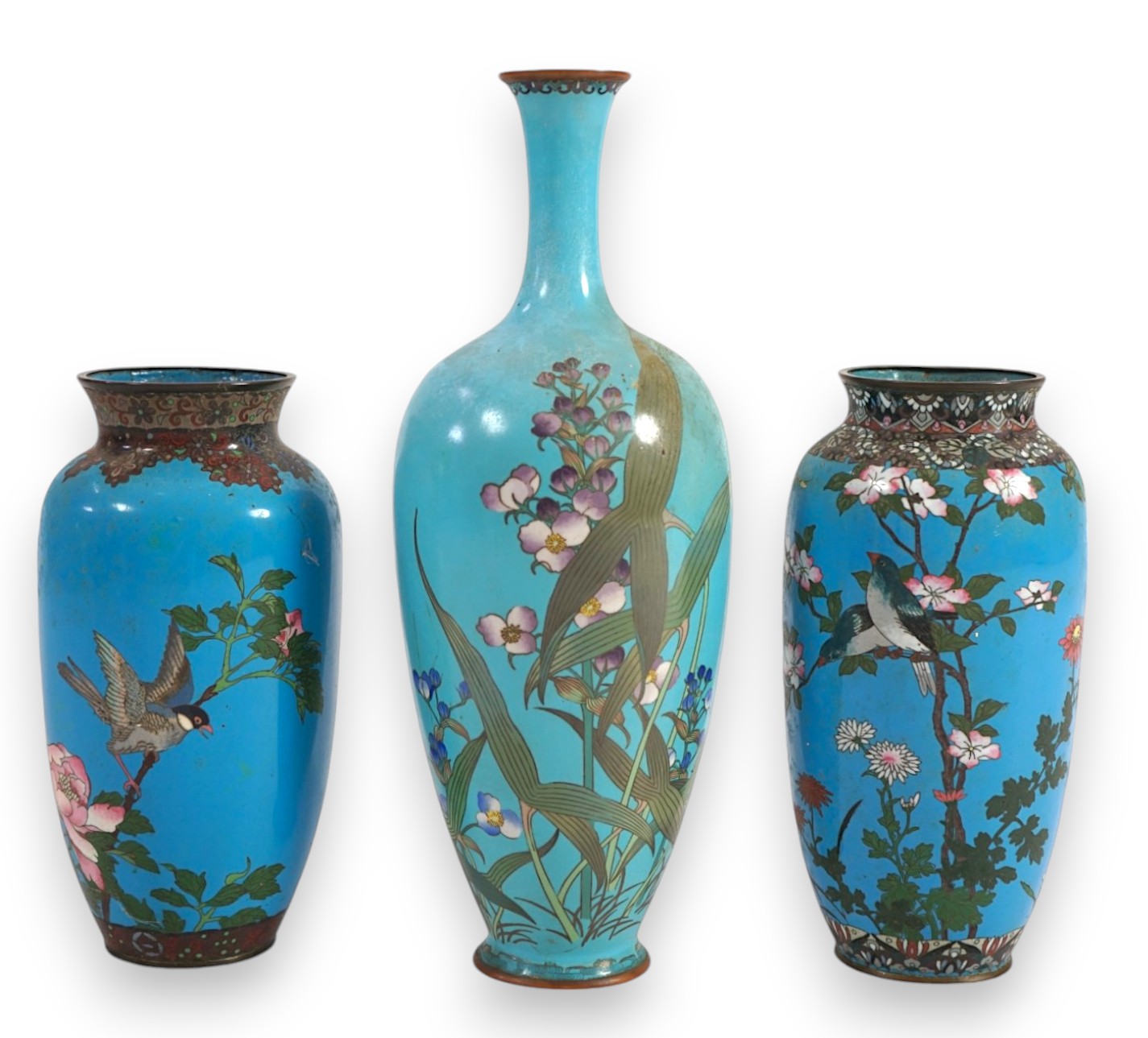 Three Japanese cloisonné vase, late Meiji period